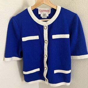 VINTAGE CASTLEBERRY blue white knit short sleeve cardigan size M